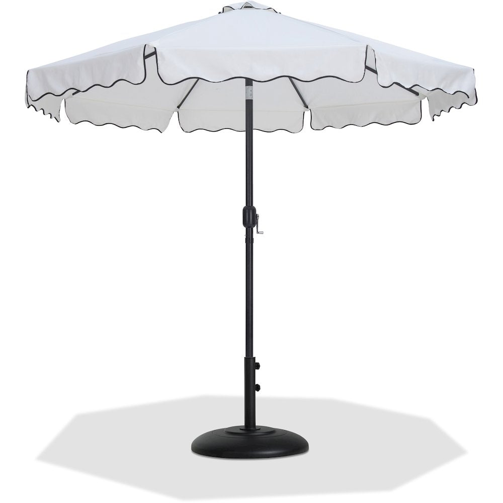 Amalfi White With Black Piping / Matte Black Metal Patio Umbrella with Base Sets