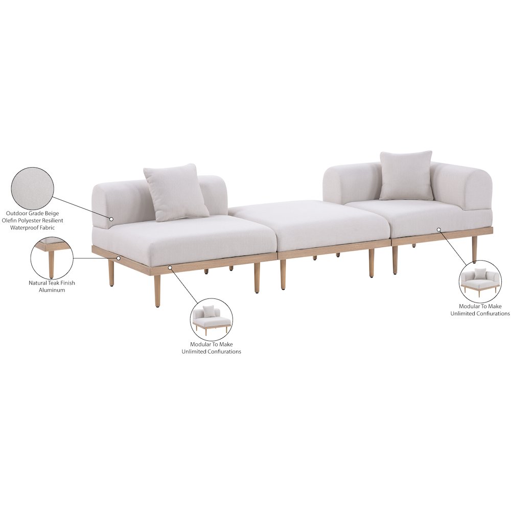 Laguna 106.5" Beige Water Resistant Fabric 3pc. Outdoor Modular Sofa