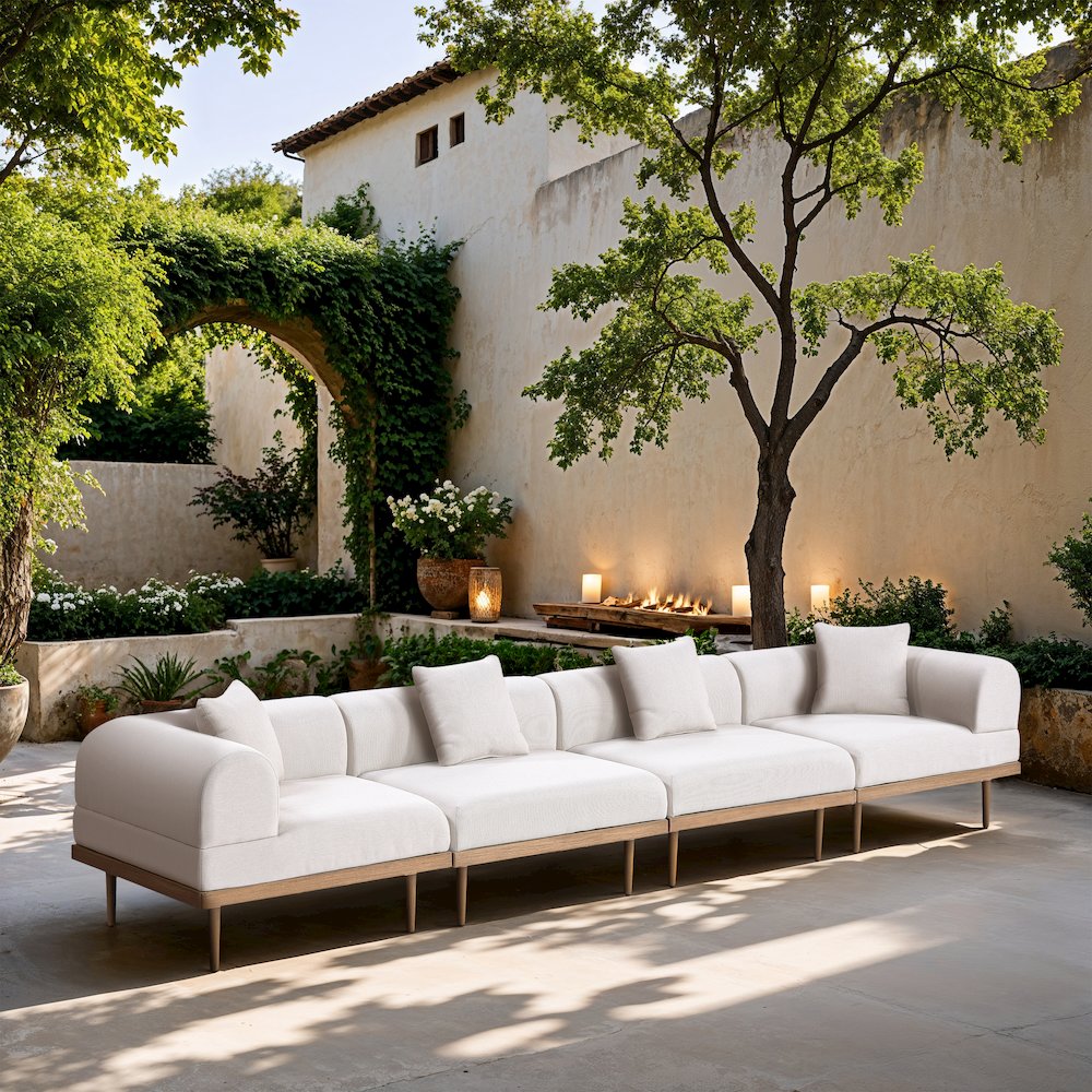 Laguna 142" Cream Water Resistant Fabric 4pc. Outdoor Modular Sofa