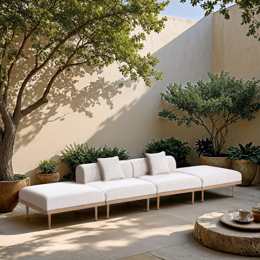 Laguna 142" Cream Water Resistant Fabric 4pc. Outdoor Modular Sofa