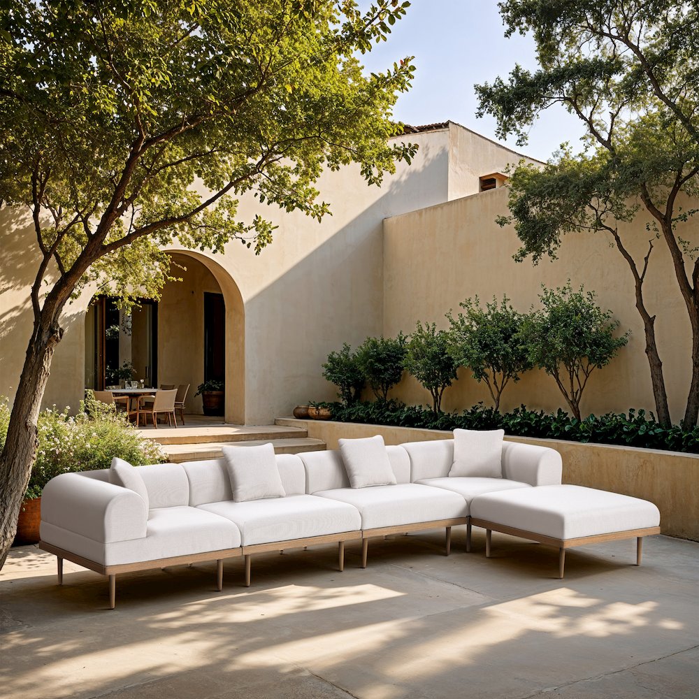 Laguna 142" Cream Water Resistant Fabric 5pc. Outdoor Modular Sectional