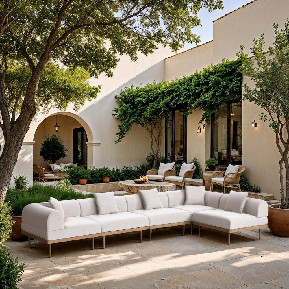 Laguna 142" Cream Water Resistant Fabric 5pc. Outdoor Modular Sectional