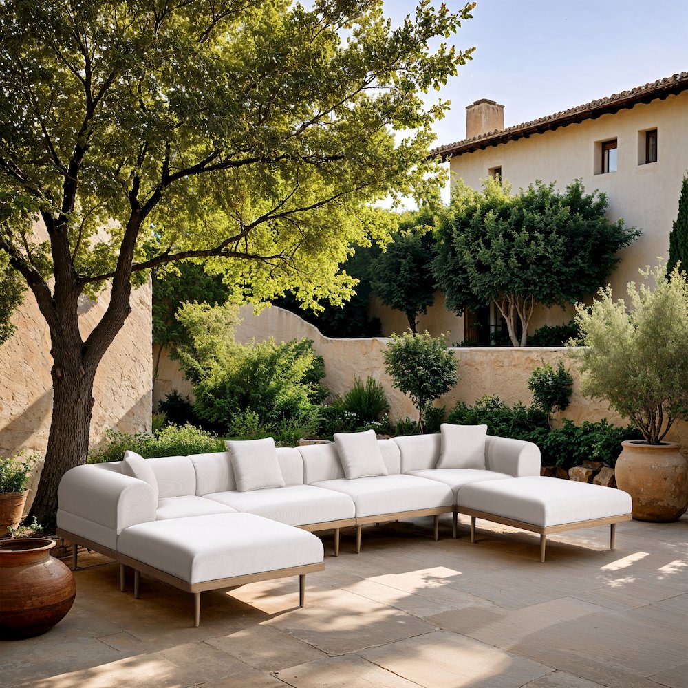 Laguna 142" Cream Water Resistant Fabric 6pc. Outdoor Modular Sectional
