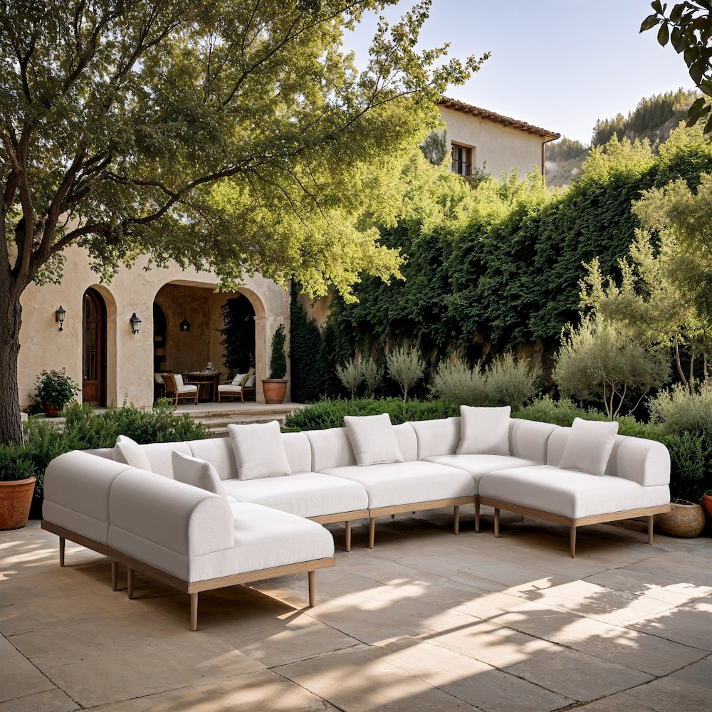 Laguna 142" Cream Water Resistant Fabric 6pc. Outdoor Modular Sectional