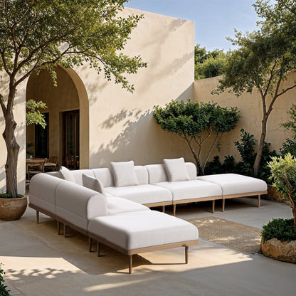 Laguna 142" Cream Water Resistant Fabric 6pc. Outdoor Modular Sectional
