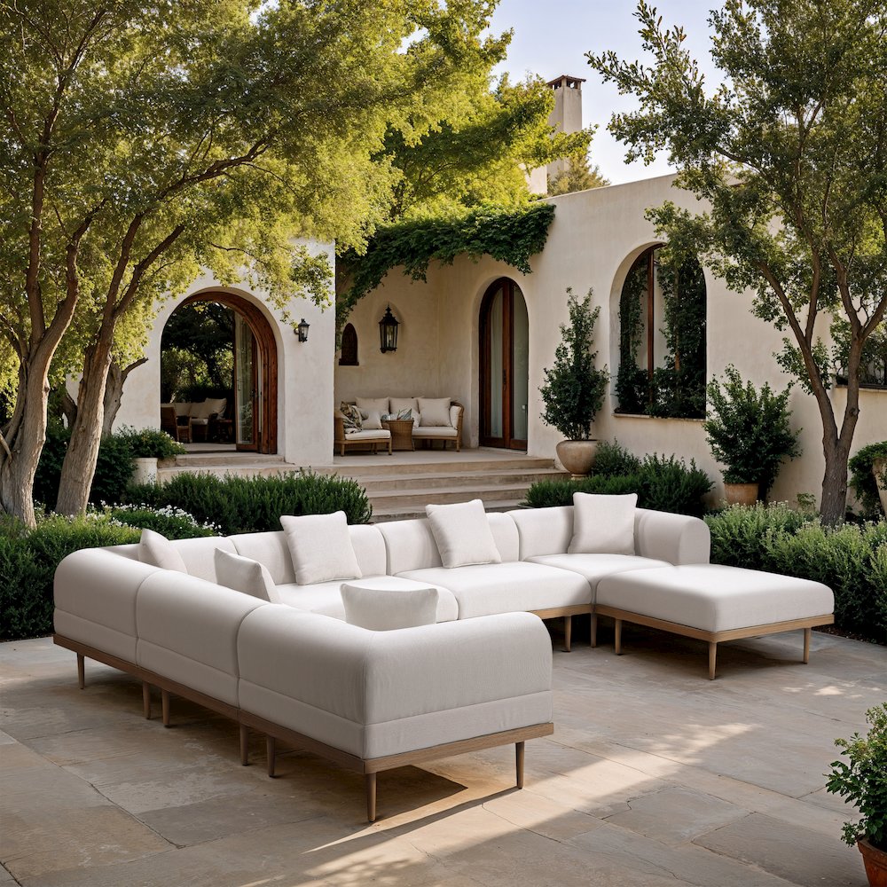 Laguna 142" Cream Water Resistant Fabric 7pc. Outdoor Modular Sectional