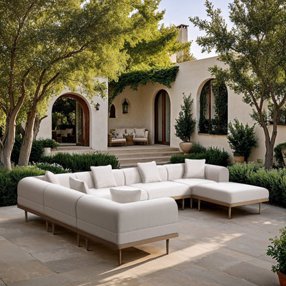 Laguna 142" Cream Water Resistant Fabric 7pc. Outdoor Modular Sectional