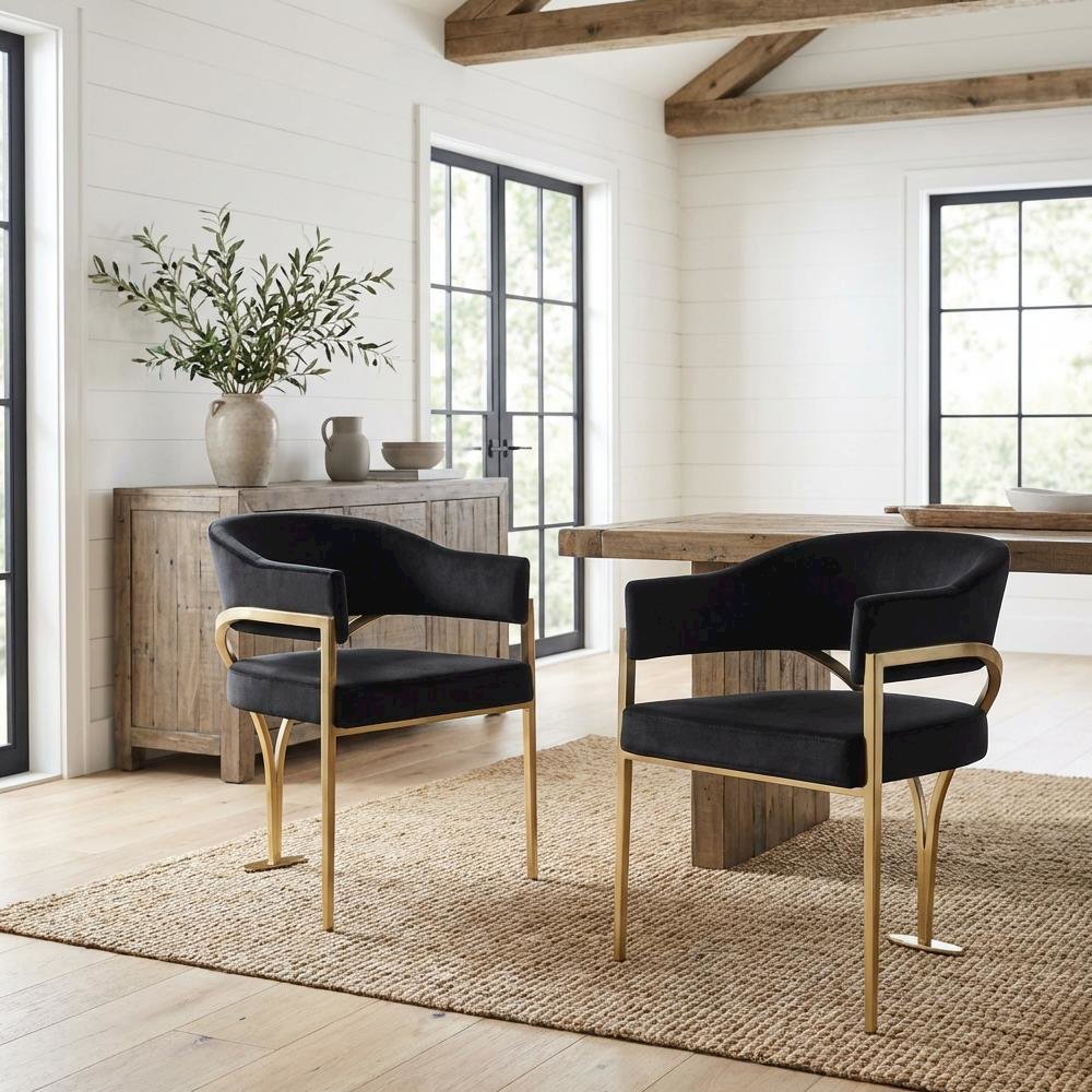 Gold Upholstered Dining Chairs Set of 2 with Armrests and Contemporary Design