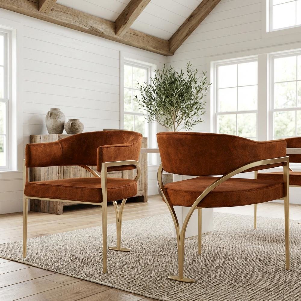 Gold Velvet Dining Chairs Set of 2 with Armrests and Contemporary Design