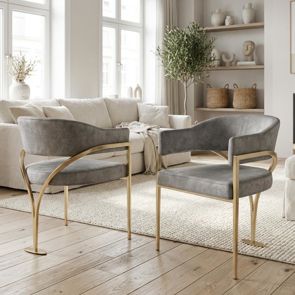 Gold Velvet Dining Chairs Set of 2 with Armrests and Contemporary Design