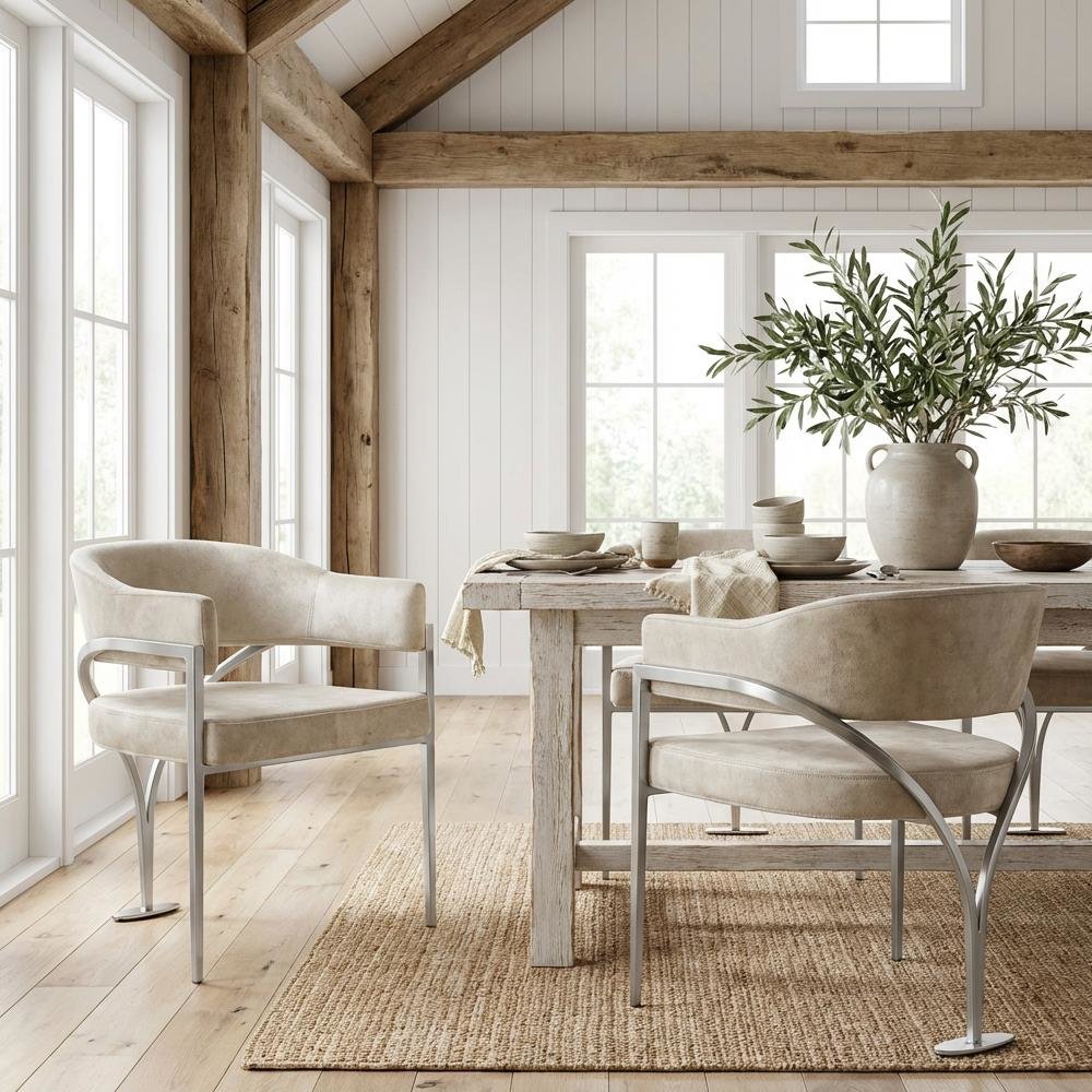 Silver Velvet Dining Chairs Set of 2 with Armrests and Contemporary Design