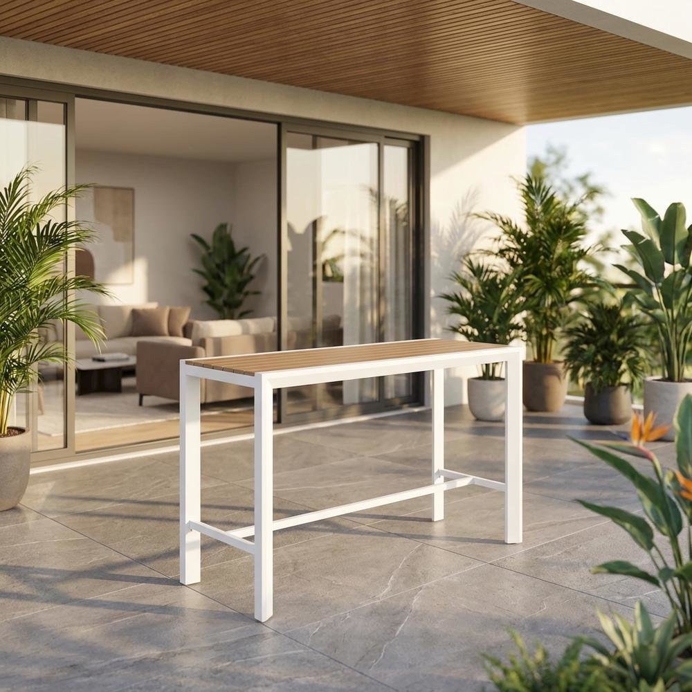 Brown Wood Look Outdoor Patio Table With Aluminum Frame And Contemporary Style