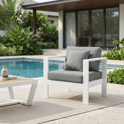 Gray Fabric Outdoor Patio Aluminum Armchair, Cushioned Seat, Contemporary Style