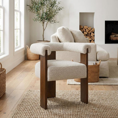 Walnut Boucle Fabric Dining Chair with Armrests and Mid-Century Style