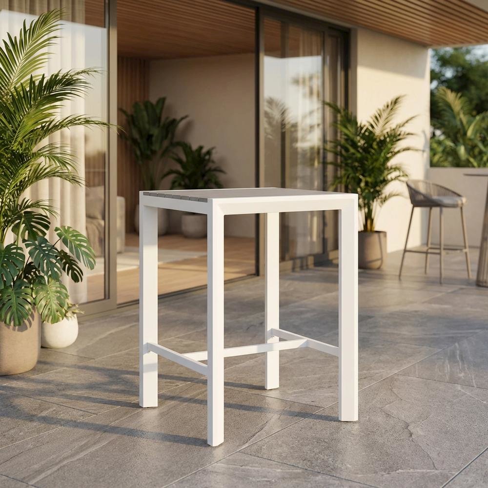Gray Wood-Look Outdoor Patio Table, Aluminum Square Bars, Contemporary Style