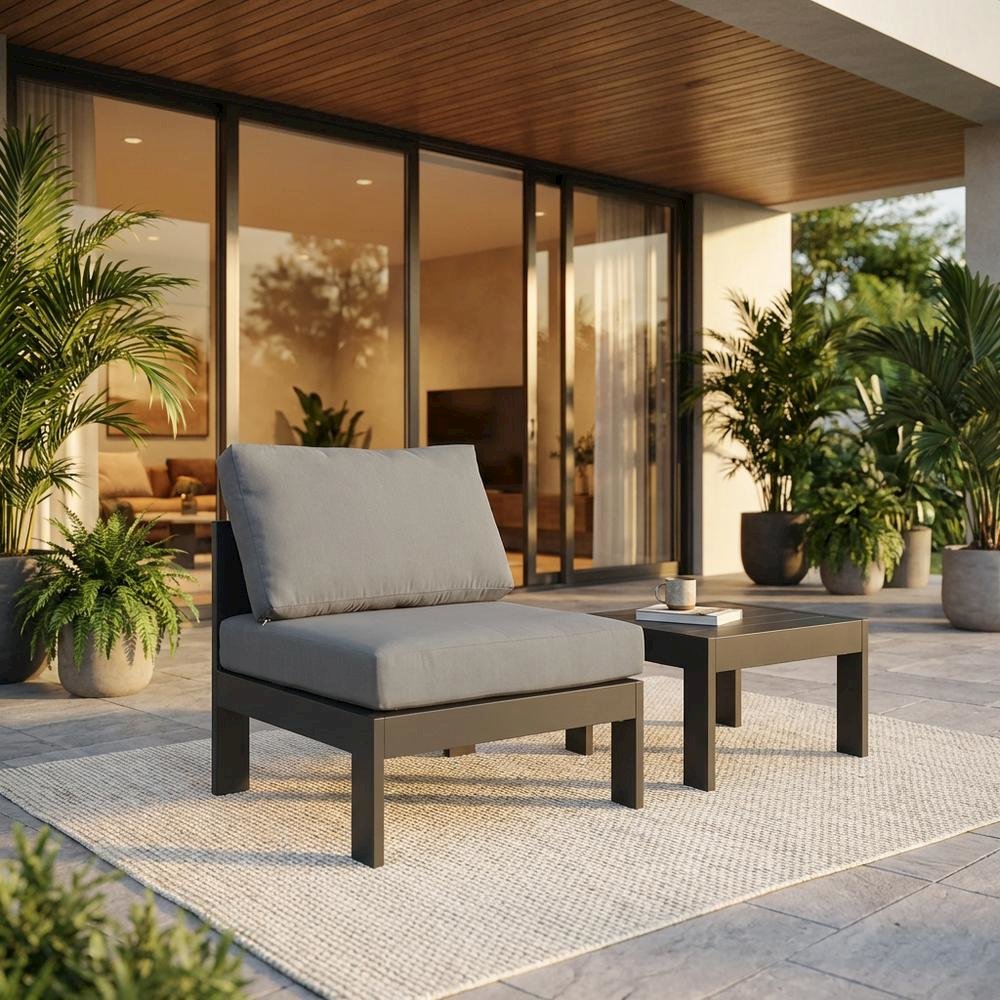 Gray Fabric Outdoor Patio Aluminum Armless Chair With Contemporary Style