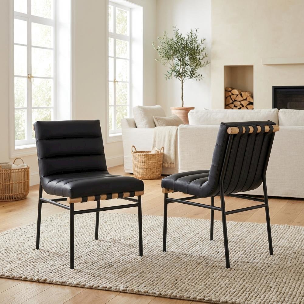 Black Vegan Leather Dining Chairs Set of 2 with Contemporary Design