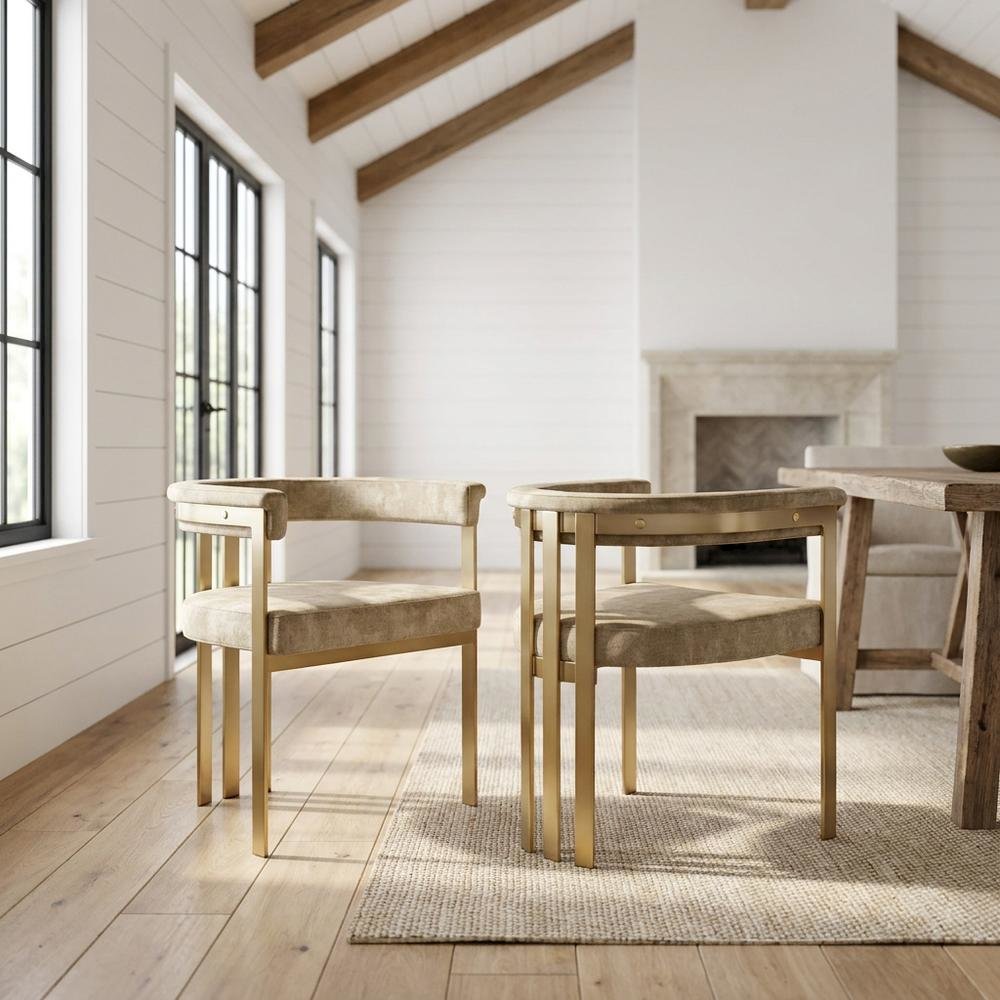 Velvet Dining Chairs with Brushed Brass Iron Legs, Beige Velvet, Set of 2