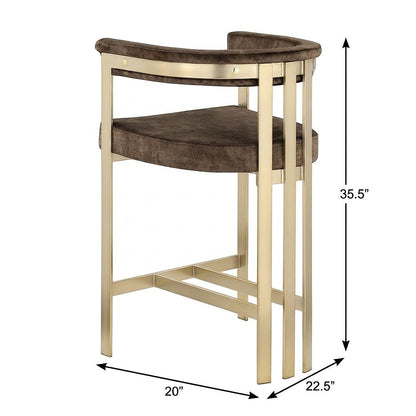 Velvet Counter Height Bar Stools with Brushed Brass Legs, Set of 2, Brown Velvet
