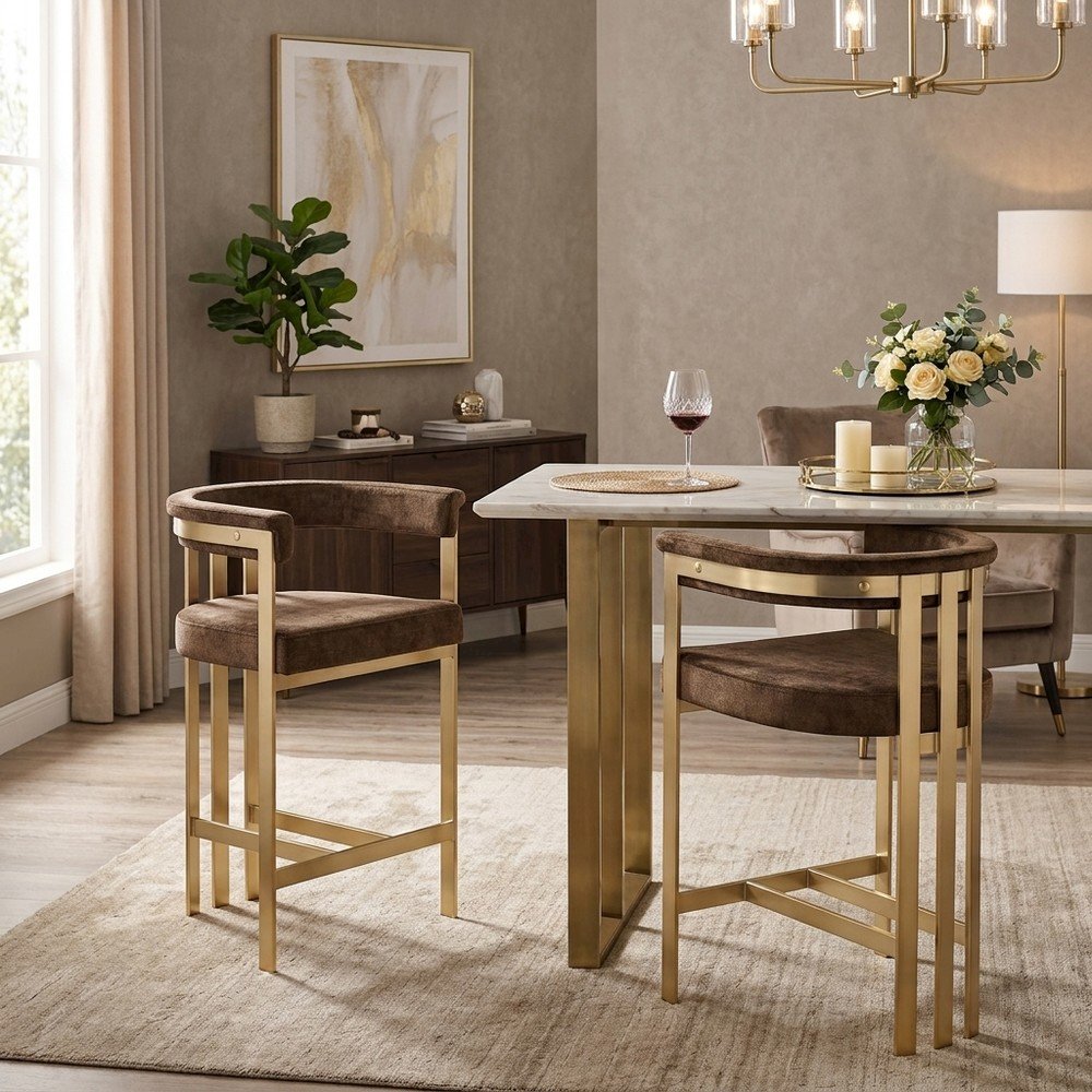 Velvet Counter Height Bar Stools with Brushed Brass Legs, Set of 2, Brown Velvet