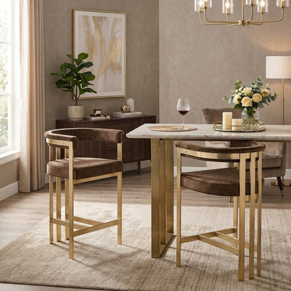 Velvet Counter Height Bar Stools with Brushed Brass Legs, Set of 2, Brown Velvet