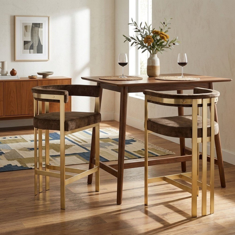 Velvet Counter Height Bar Stools with Brushed Brass Legs, Set of 2, Brown Velvet
