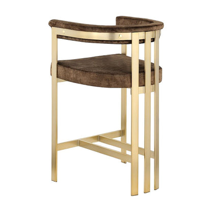 Velvet Counter Height Bar Stools with Brushed Brass Legs, Set of 2, Brown Velvet