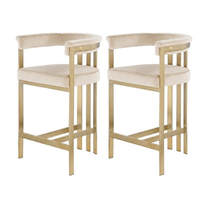 Velvet Counter Height Bar Stools with Brushed Brass Legs, Set of 2, Brown Velvet
