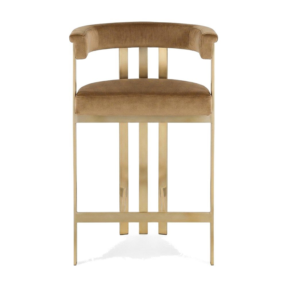 Velvet Counter Height Bar Stools with Brushed Brass Legs, Set of 2, Brown Velvet