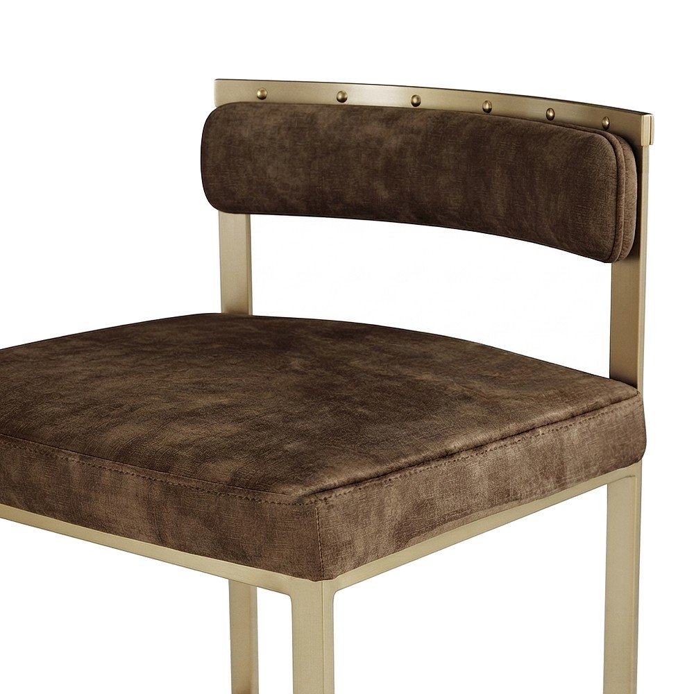 Velvet Counter Height Bar Stools with Brushed Brass Legs, Set of 2, Brown Velvet