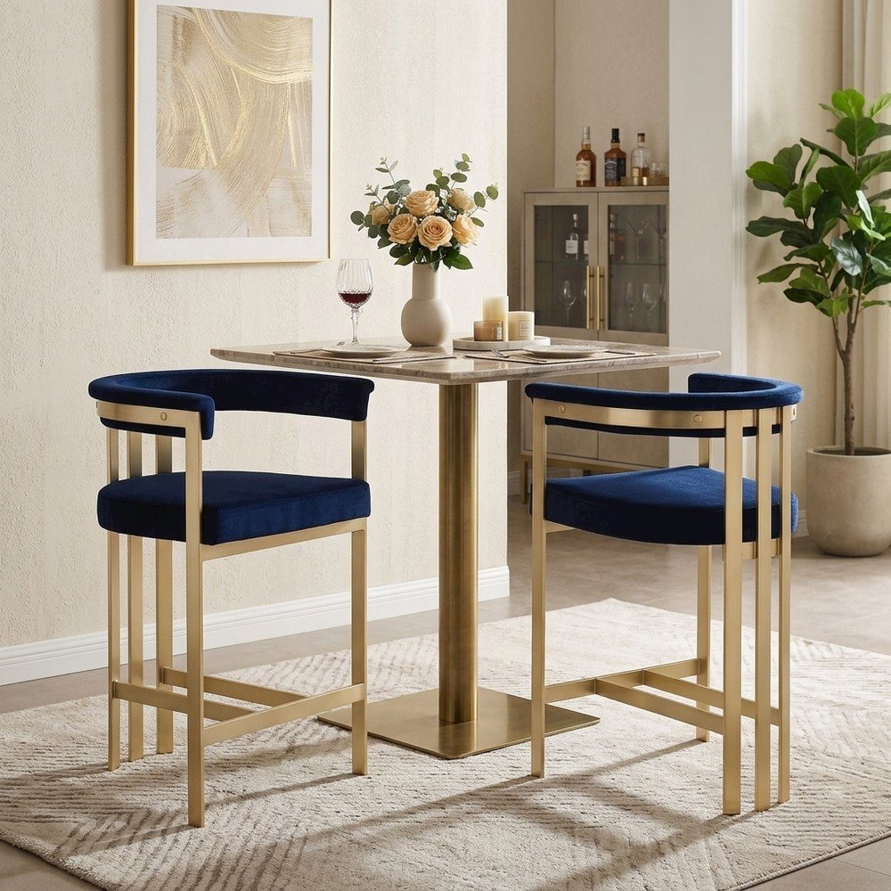 Velvet-Upholstered Counter Stools with Arms and Back, Set of 2, Navy Velvet