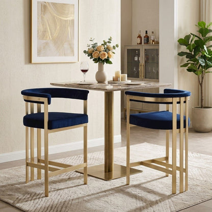 Velvet-Upholstered Counter Stools with Arms and Back, Set of 2, Navy Velvet