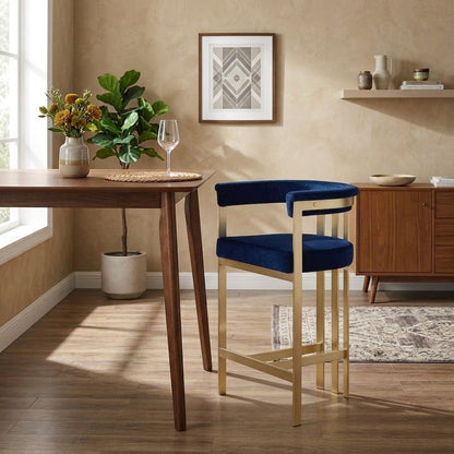 Velvet-Upholstered Counter Stools with Arms and Back, Set of 2, Navy Velvet