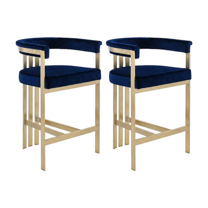 Velvet-Upholstered Counter Stools with Arms and Back, Set of 2, Navy Velvet