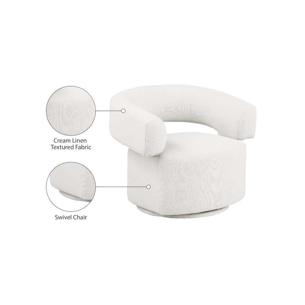 Niya Cream Linen Textured Fabric Swivel Accent Chair