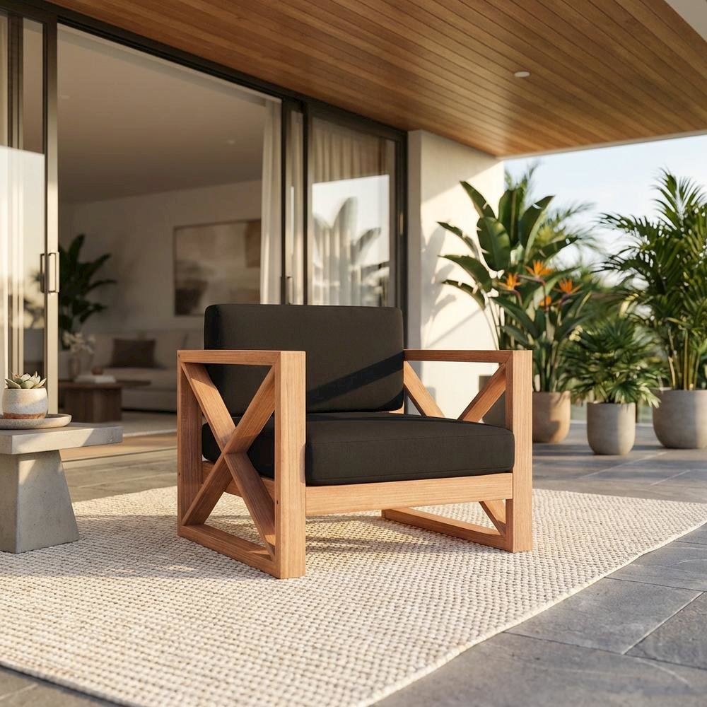 Contemporary Black Fabric Outdoor Chair With Cushioned Seat And Finish