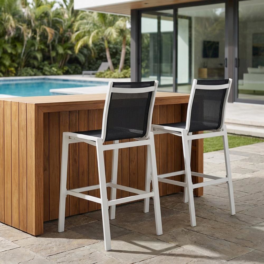 Contemporary White Outdoor Patio Bar Stools Set Of 2 With Back Support