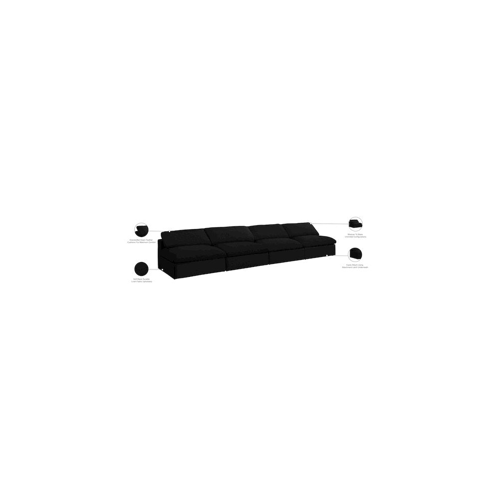 Serene Black Linen Textured Fabric Deluxe Comfort Modular Armless Sofa