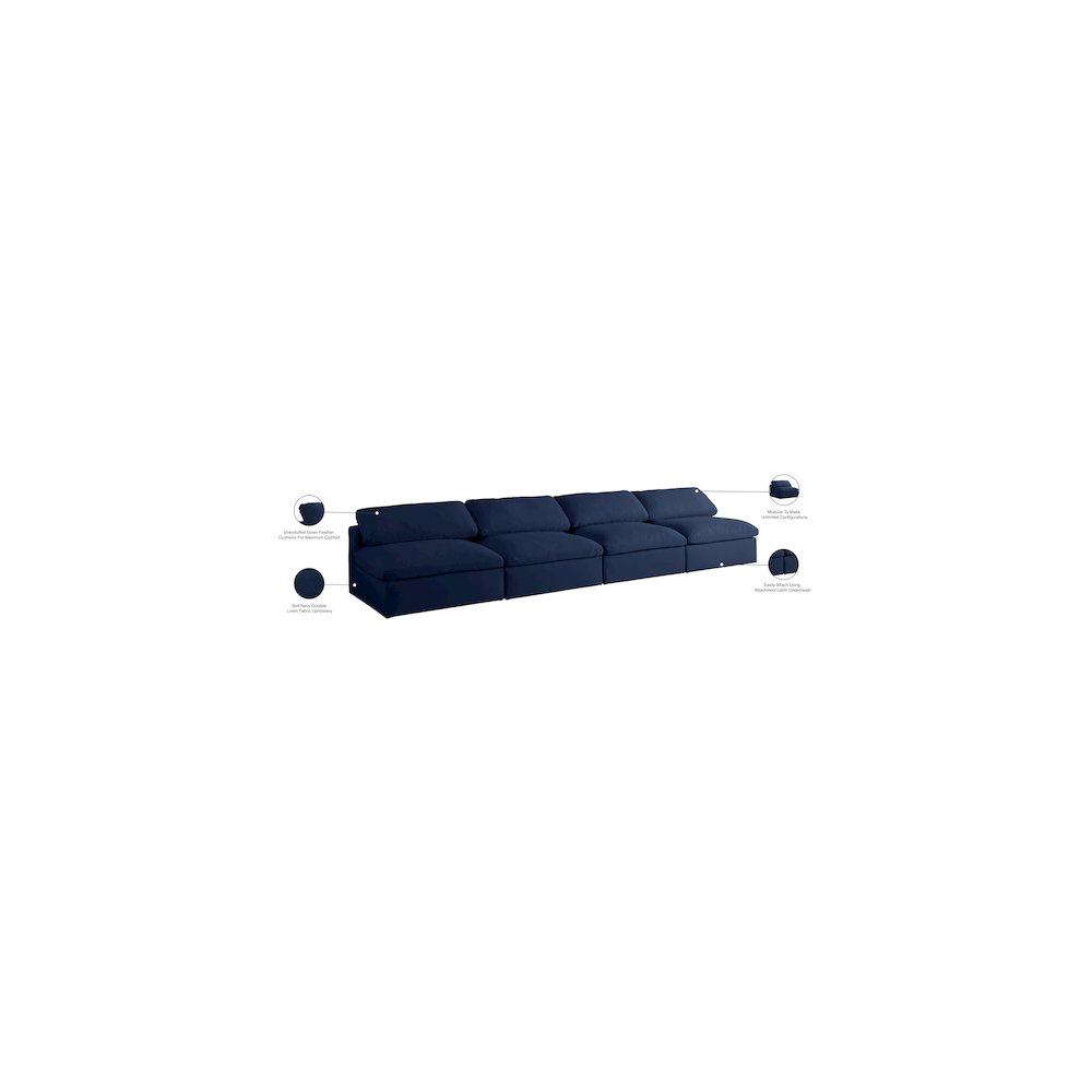 Serene Navy Linen Textured Fabric Deluxe Comfort Modular Armless Sofa