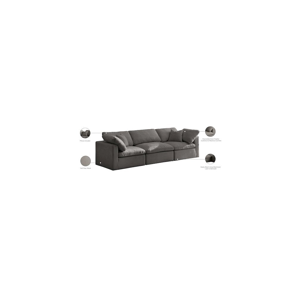 Plush Grey Velvet Standard Comfort Modular Sofa