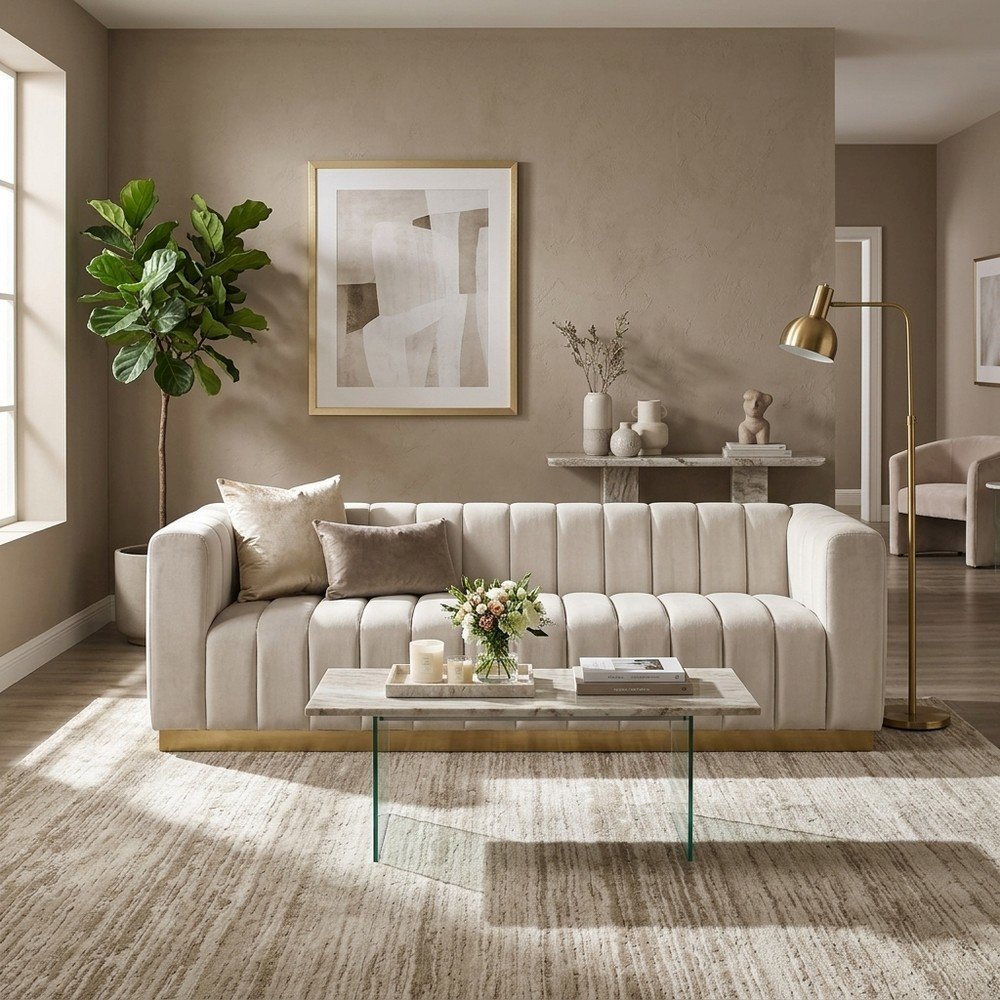 Velvet-Upholstered Luxury Sofa with Brushed Gold Stainless Legs, Cream Velvet