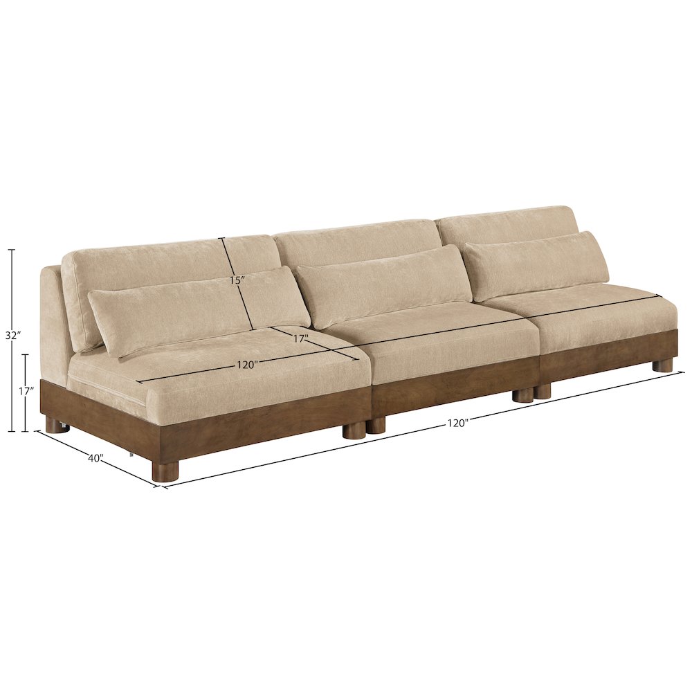 Turin 120" Beige Chenille Fabric Upholstered 3pc. Modular Sofa