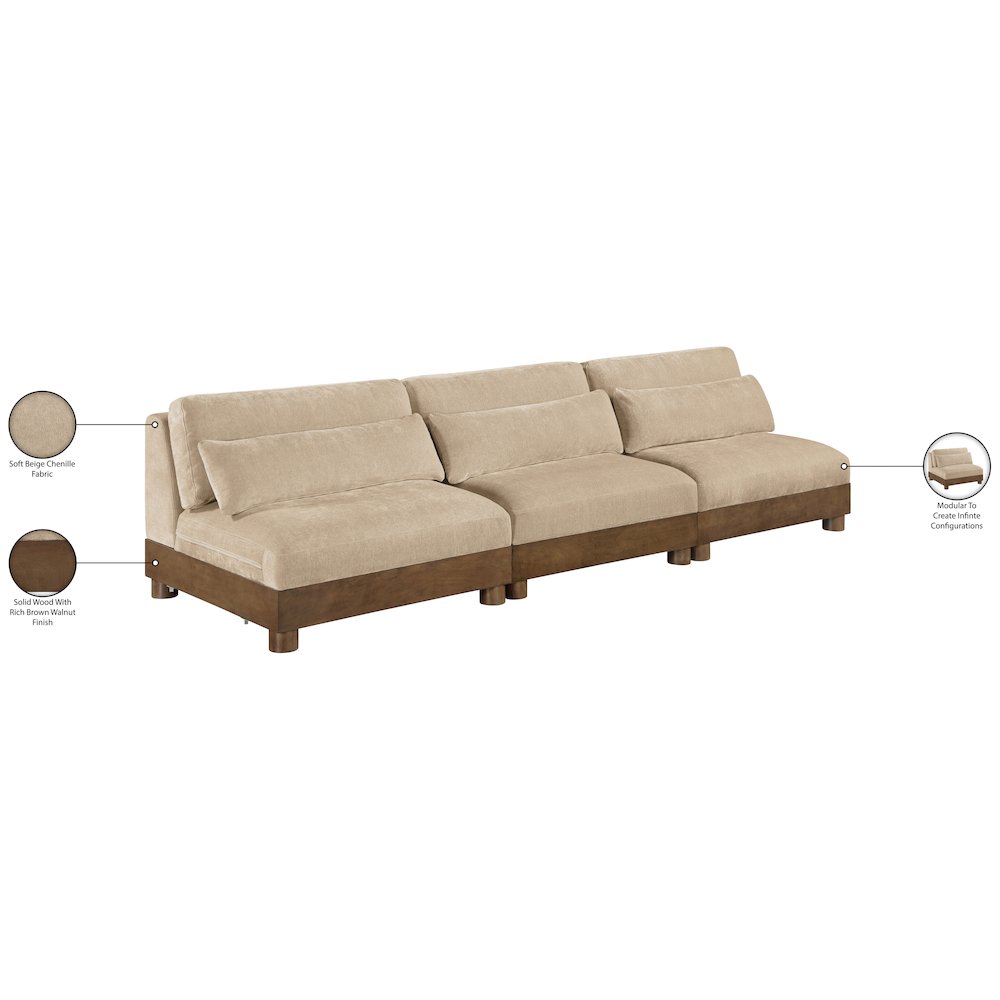 Turin 120" Beige Chenille Fabric Upholstered 3pc. Modular Sofa