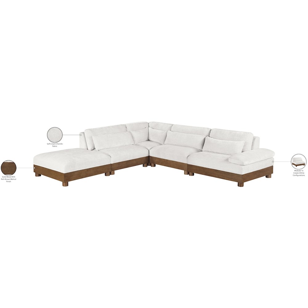 Turin 127.75" Cream Chenille Fabric Upholstered 5pc. Modular Sectional