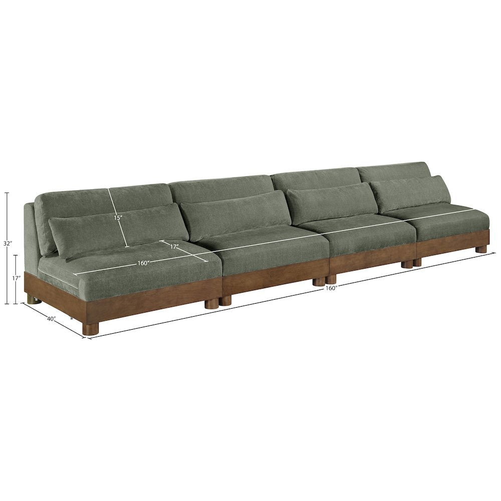 Turin 160" Green Chenille Fabric Upholstered 4pc. Modular Sofa