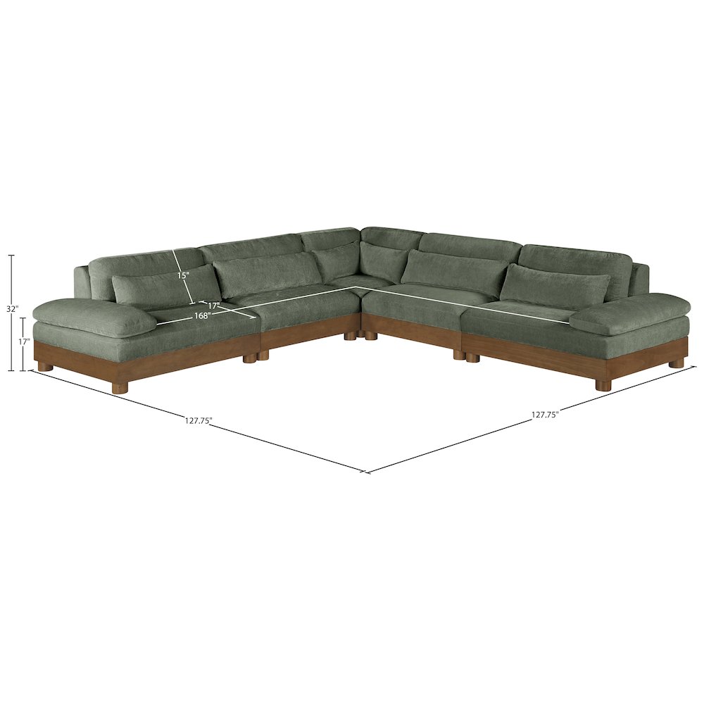 Turin 127.75" Green Chenille Fabric Upholstered 5pc. Modular Sectional