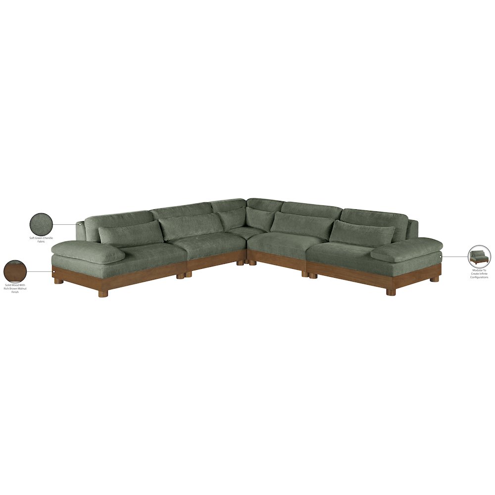 Turin 127.75" Green Chenille Fabric Upholstered 5pc. Modular Sectional