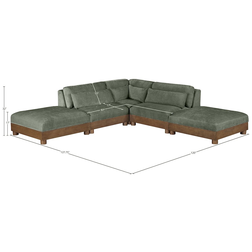 Turin 120" Green Chenille Fabric Upholstered 5pc. Modular Sectional