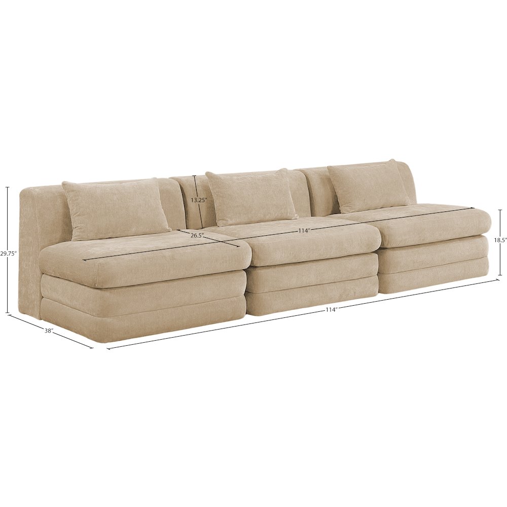 Stellar 114" Beige Chenille Fabric Upholstered 3pc. Modular Sofa