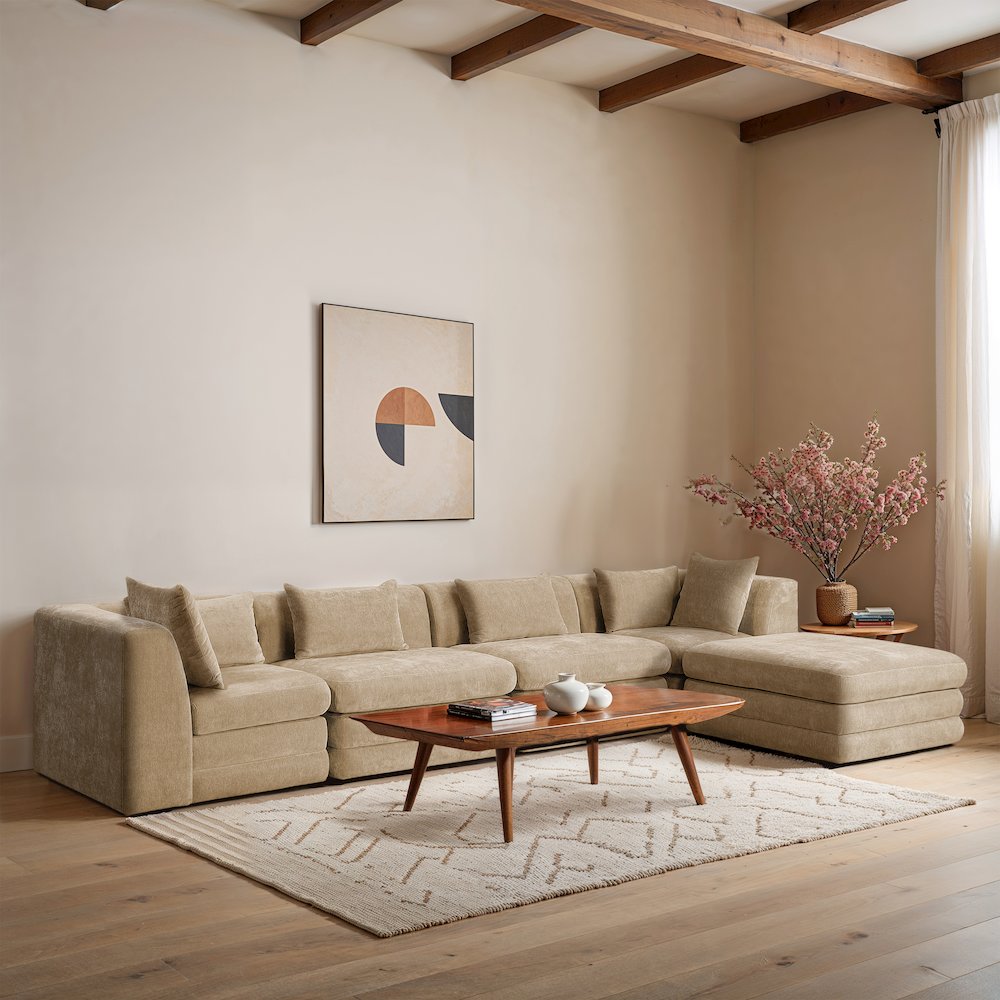 Stellar 152" Beige Chenille Fabric Upholstered 5Pc. Modular Sectional